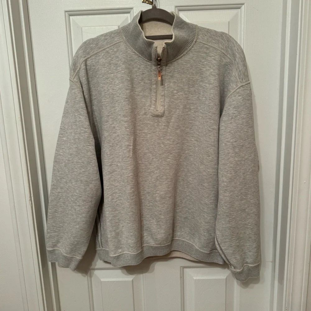 TOMMY BAHAMA RELAX ARUBA 1/4 ZIP REVERSIBLE SWEATSHIRT SZ L / BEIGE/GRAY